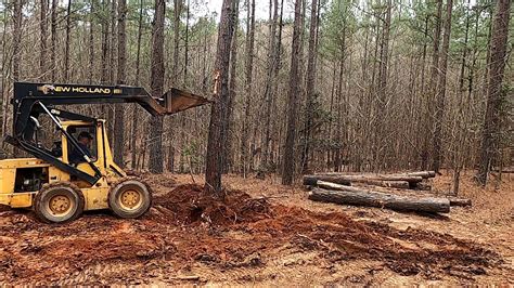 digging a pine tree stump up with skid steer|new holland skid steer stump bucket.